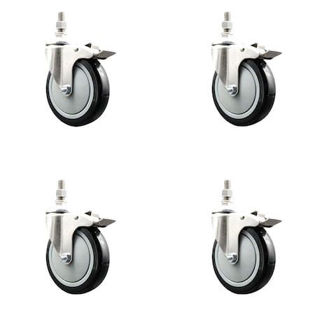 Service Caster 5 Inch 316SS Black Polyurethane Wheel Swivel 1/2 Inch Stem Caster Set Lock Brake SS316TSTTL20S514-PPUB-BLK-121315-4